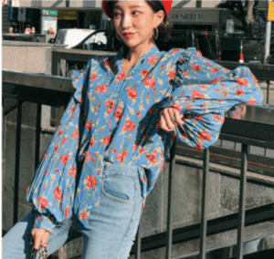 MERONGSHOP バルーンスリーブフリル花柄ブラウス