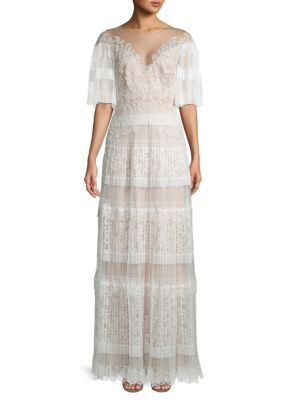 TADASHI SHOJI FLUTTER SLEEVE PLEATED LACE GOWN