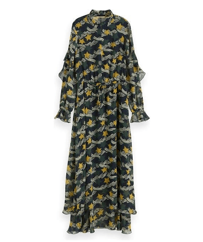 Scotch & Soda Print Long Sleeve Ruffle Maxi Dress