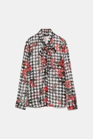 ZARA タイベルト付きプリント柄シャツ