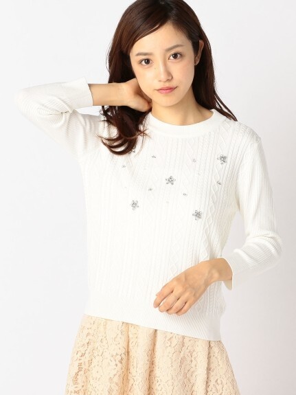 MISCH MASCH ケーブルビジュー刺しゅう7分袖ニット