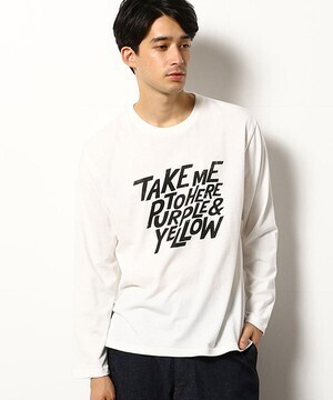 Purple&Yellow メッセージプリント 長袖 クルーネックTシャツ