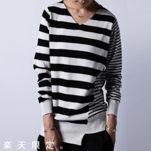 antiqua (楽天限定商品)女性らしさの中に個性が光る。アシメボーダーコットンニット