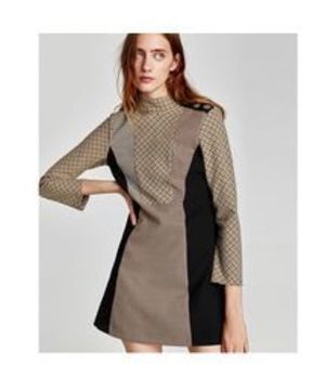 ZARA チェック柄パッチワークワンピース ショルダーボタン