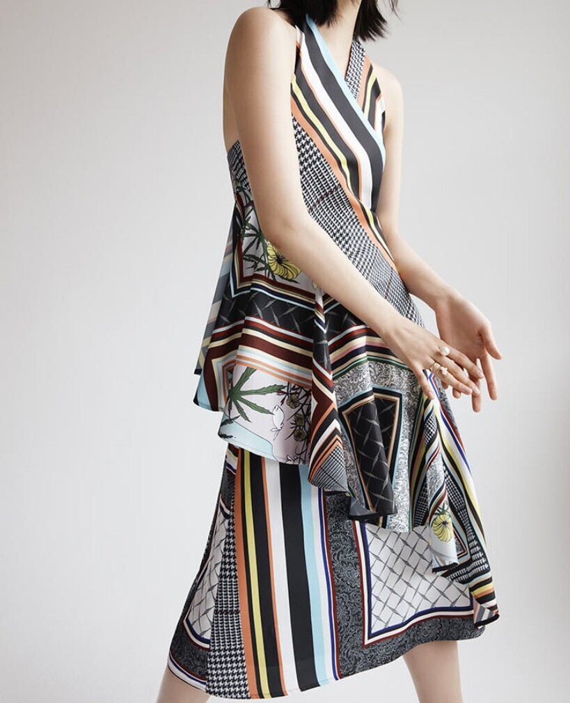 ADEAM Printed Asymmetric Ruffle Halter Dress
