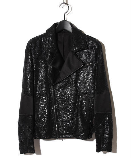 ys Yuji SUGENO Black Foil Tweed Double Riders Jacket