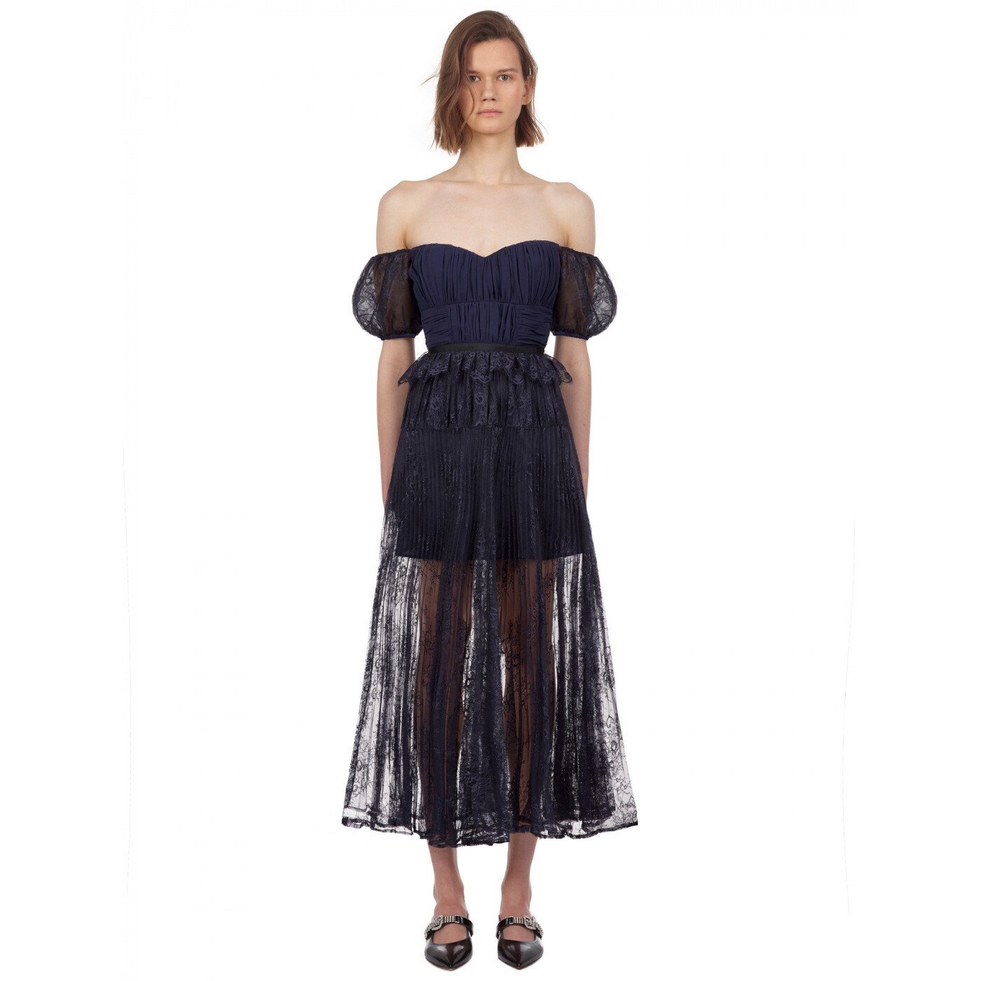 Self-Portrait Navy Off Shoulder Floral Scallop Dress