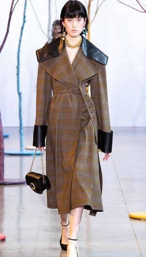 ADEAM Faux Leather Trimmed Turmeric Glen Plaid Belted Coat
