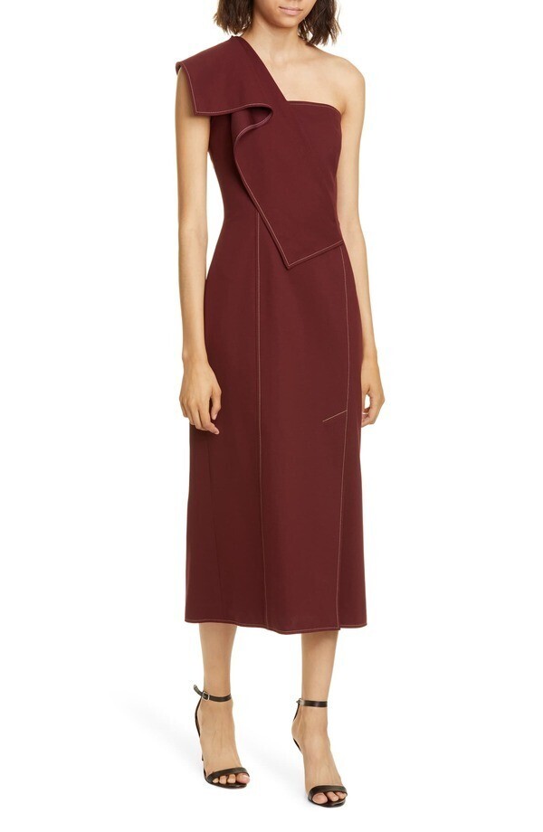 ADEAM Ruffle One-Shoulder Twill Midi Dress Burgundy