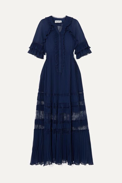 Self-Portrait Ruffled lace-trimmed pleated chiffon maxi dress