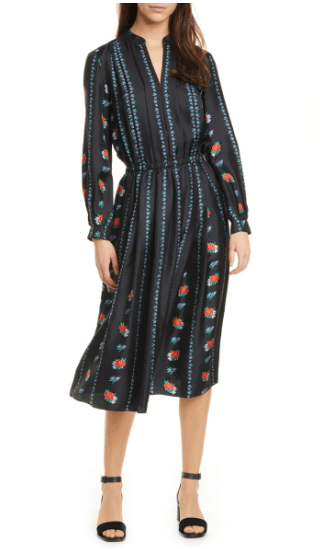 Tory Burch Floral Stripe Long Sleeve Silk Midi Dress