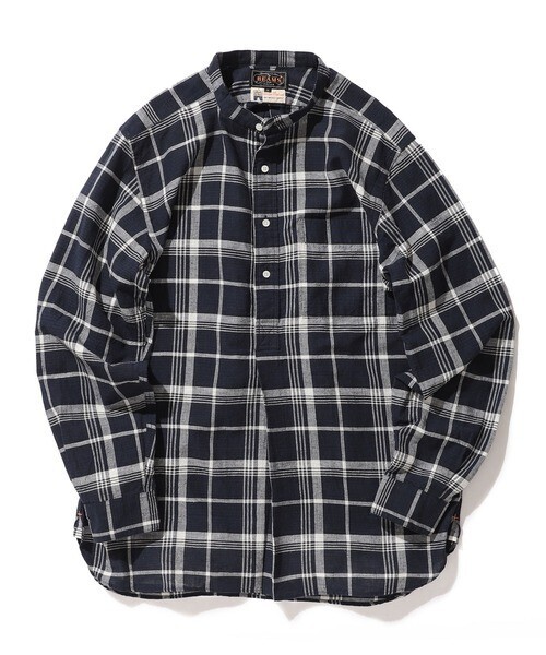 BEAMS PLUS マドラスチェック バンドカラー プルオーバー シャツ