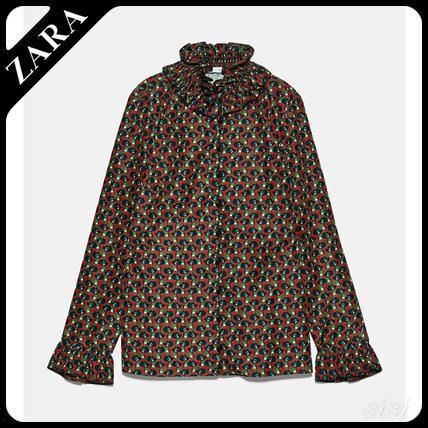 ZARA プリント柄 ブラウス フリル付き