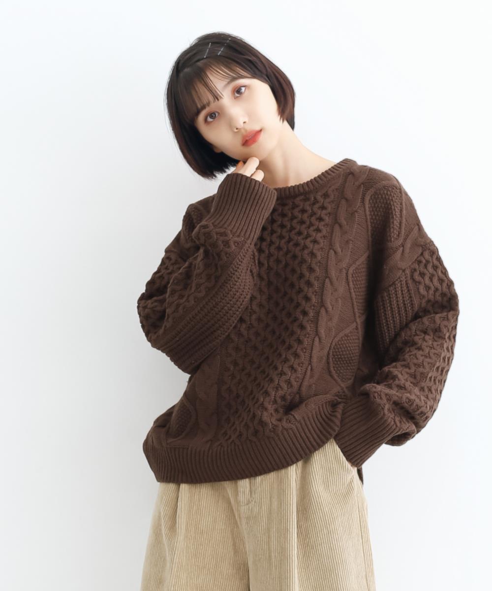 merlot アラン編みクルーネックニットトップス