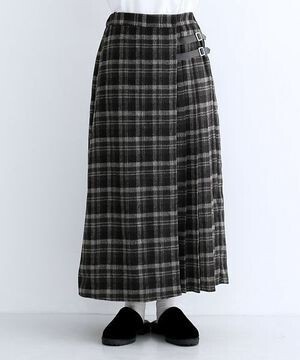 merlot チェック柄サイドベルトラッププリーツスカート