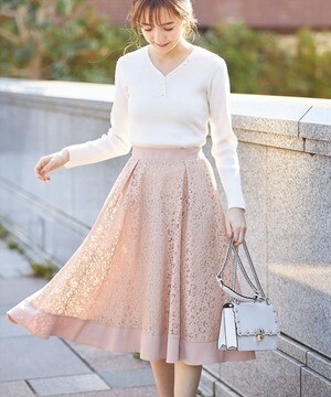 tocco ロマンティックフラワーレースミディ丈フレアスカート