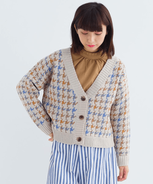 merlot カシミアタッチ千鳥格子柄ニットカーディガン