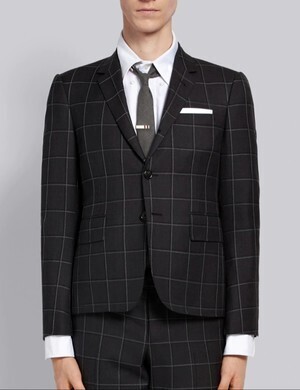 THOM BROWNE.NEW YORK ダークグレー スーパー100S ウインドウペン ナロウショルダースポーツコート