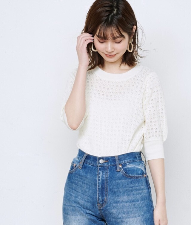 natural couture 強撚ギャザー袖小花透かしニット