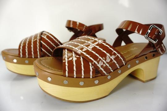 PRADA Patent White Stitch Trim Studded Wood Heel Platform Clog Sandals