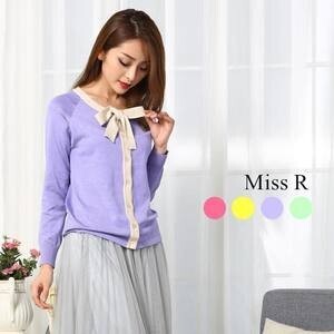 Miss R フロントボタン　リボン結び　長袖ニットソートップス・カーディガン