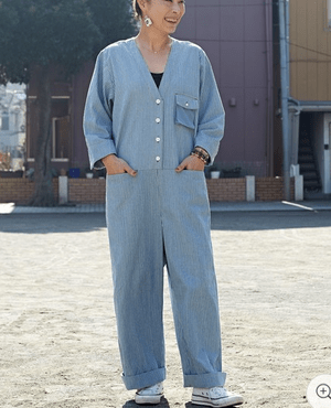 チャイハネ ヒッコリー×デニムVネックサロペット