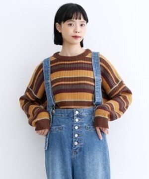 merlot ランダムボーダー柄ニットトップス