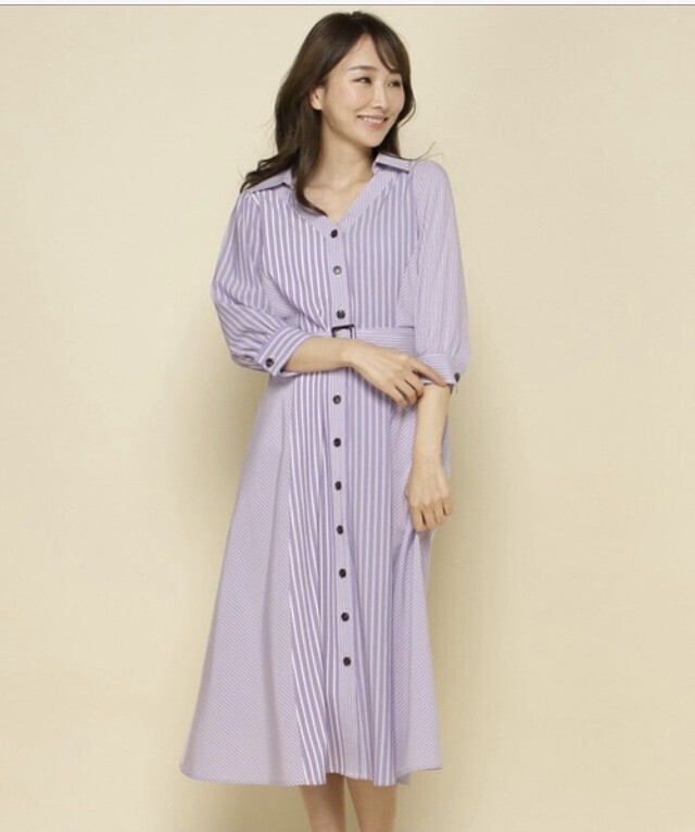 And Couture ストライプミックス7分袖シャツワンピース
