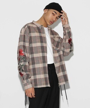 LEGENDA Rose Embroidery Side Laced Check Shirts