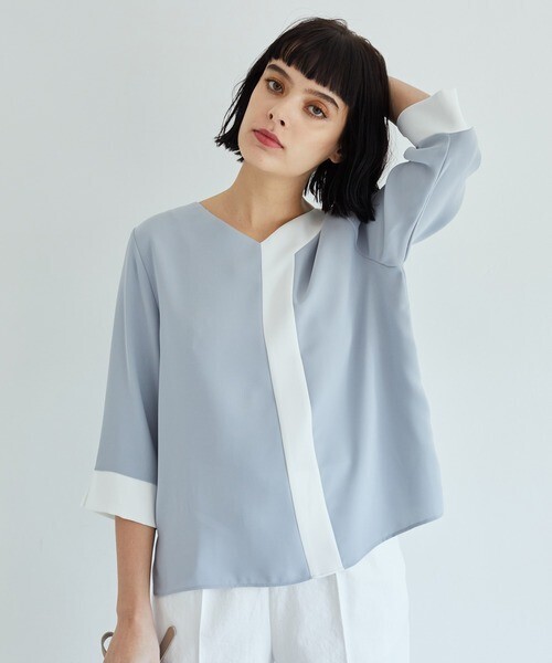 TONAL アシメ配色Vネック7分袖ブラウス