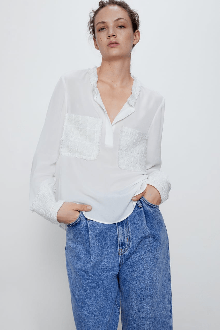 ZARA コントラスト素材ツイードブラウス