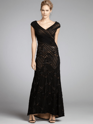 TADASHI SHOJI black sequined chiffon textured cap sleeve gown