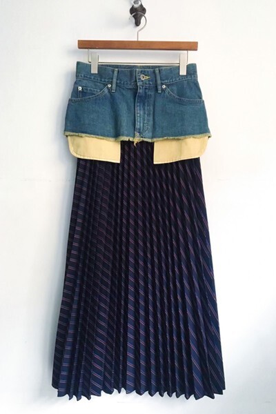 THE KEIJI DETACHABLE DENIM PANEL STRIPE PLEATED SKIRT