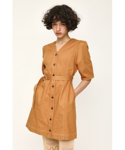 SLY STITCH WORK PUFF V/N OP　?ネックワンピース
