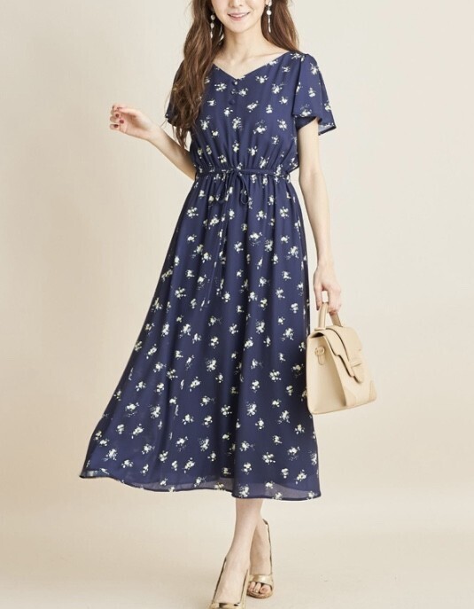 tocco ウエストりぼん付きレモン×フラワープリントワンピース