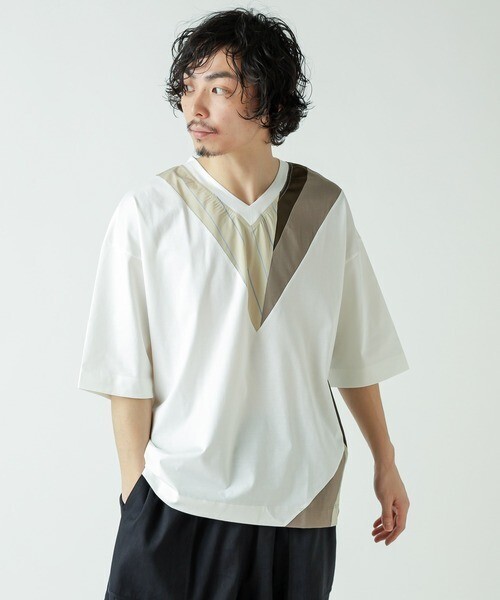 Lui’s 異素材アシメ切替VネックTシャツ
