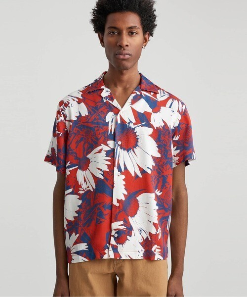Saturdays NYC Canty Daisy Print Short Sleeve Button-Up Camp Shirt Chili Red