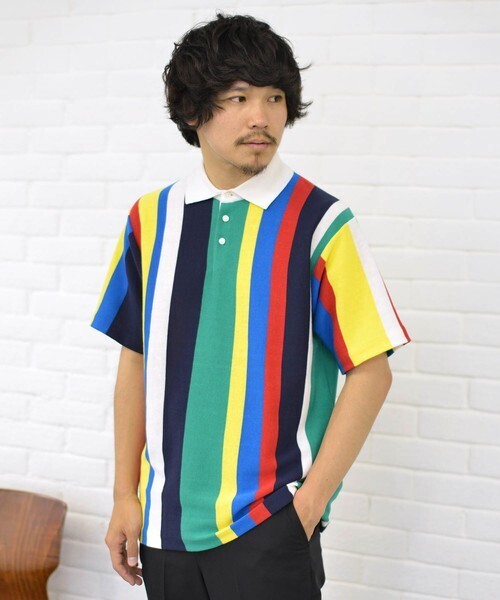 BEAMS マルチストライプ ポロシャツ