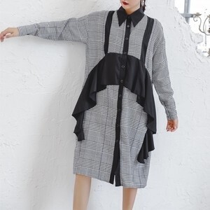 Beautiful Sail グレー ブラックトリム グレンチェック柄 ラッフルフリル 長袖 シャツワンピース ロングワンピース