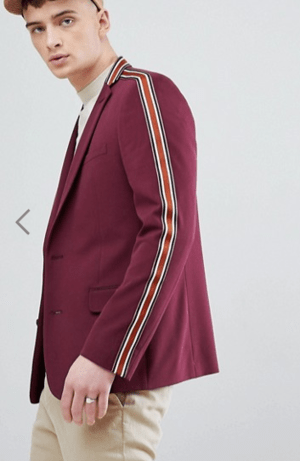 ASOS skinny blazer in burgundy with taping