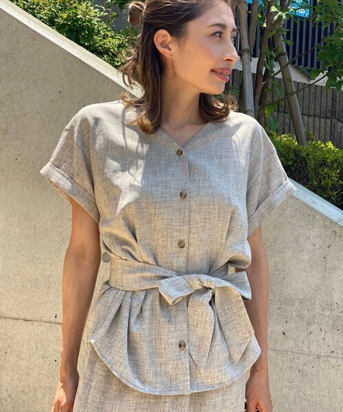 TONAL フェイクリネンウェストマークオープンブラウス