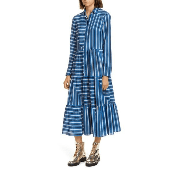 Akris Square Stripe Print Silk Long Sleeve Maxi Dress