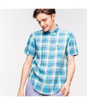 LACOSTE リネンチェックショートスリーブボタンダウンシャツ