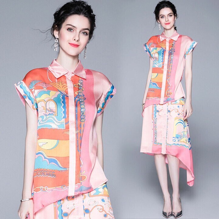 Wild Lily アシンメトリー スカーフ柄 半袖シャツ＆スカート セットアップ ワンピース