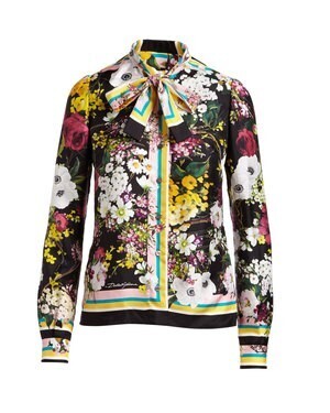 Dolce & Gabbana Floral Bouquet Silk Twill Tie-Neck Blouse
