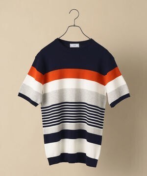 SHIPS 14ゲージ パネル マルチ ボーダー クールネック ニットTシャツ