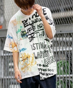 PLACE PLAN 総柄 / 全面プリント / アシンメトリー リメイク / ビッグシルエット Tシャツ