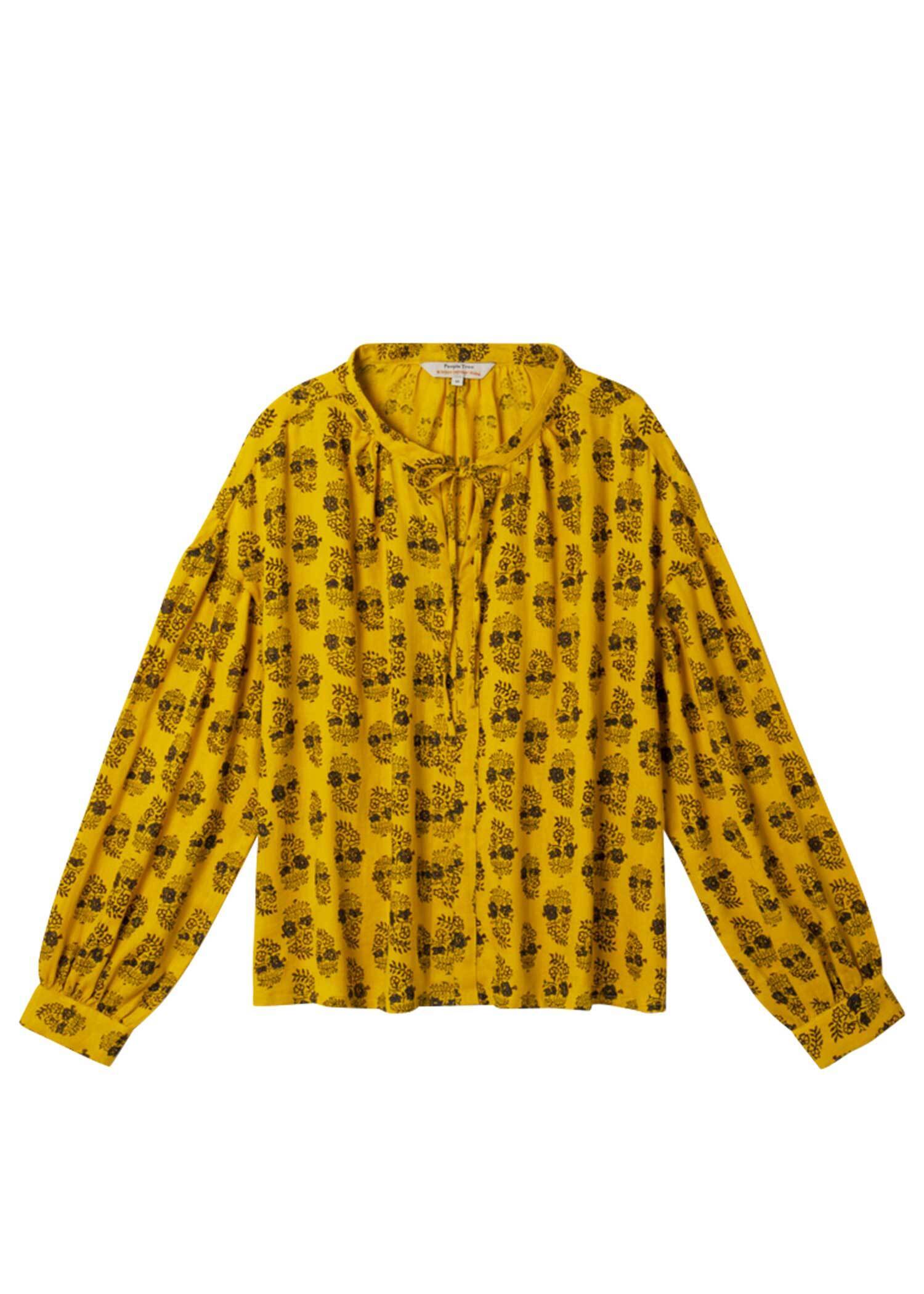 People Tree Ｖ＆Ａコットンサテンブロックプリントシャツ