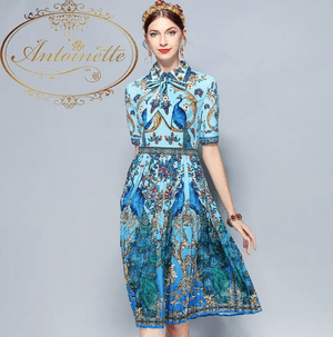Antoinette Designer Summer Dress Women's Bow Collar Elegant Animal Floral Print Pleated Vintage Dress