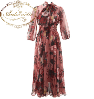 Antoinette Bow collar Rose Floral-Print Elegant Chiffon Dresses
